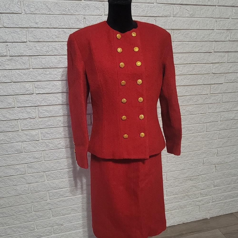 Albert Nipon Boutique Red Wool Gold Button Suit S… - image 1